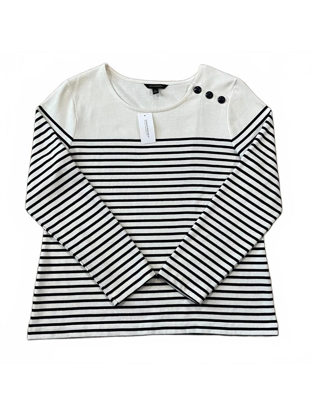 Banana Republic Breton Stripe Button Shoulder Top Long Sleeve Black White Large